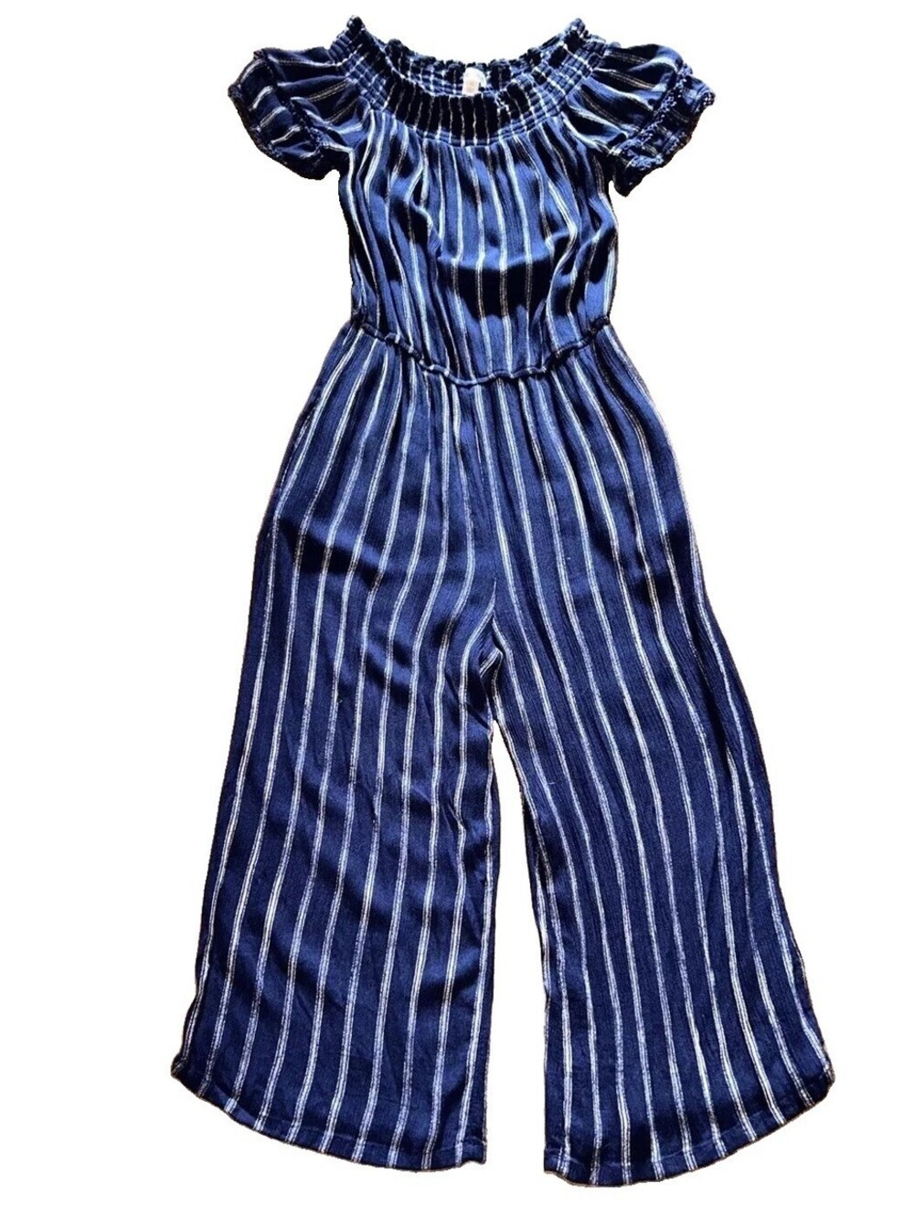 Striped Off Shoulder Jumpsuit Womens XS Blue White Wide Leg Culotte Boho Resort